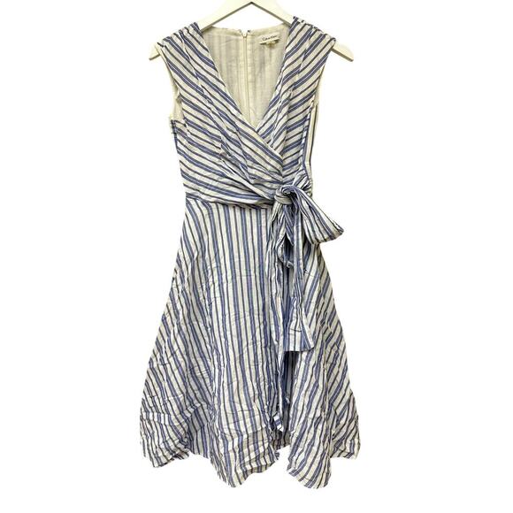 Calvin Klein Size 0 Blue White Striped Fit Flare Knee Dress Picnic Cottagecore - Picture 2 of 14